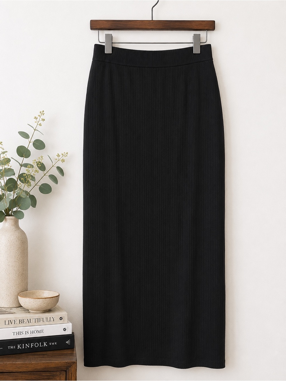 Black Ribbed Knit Column Maxi Skirt XL Modest Minimalist